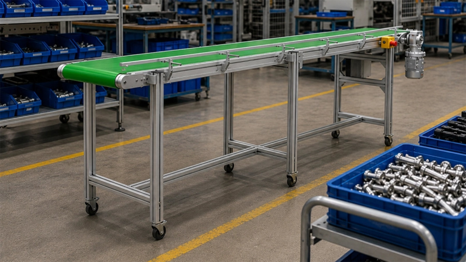 Mobilny przenośnik taśmowy łączący stanowisko ze skrzynkami na komponenty