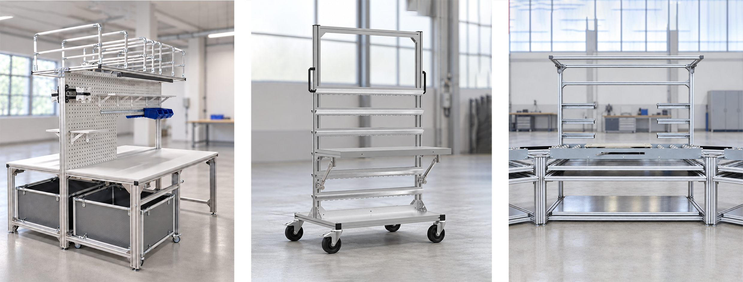 Stół roboczy, mobilny wózek transportowy i tor kulkowy z profili aluminiowych