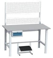 Regulowany stół montażowy MTS 101 z podwieszanym kontenerem i tablicą perforowaną – szer. 1500 mm, wys. 1700-1980 mm, zestaw MTS 101 - 1