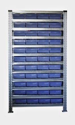 Bezśrubowy metalowy regał półkowy 1972 x 1124 x 330 mm ze skrzynkami 100 x 230 mm - 44 szt. (różne warianty) - 1