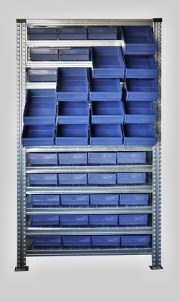 Bezśrubowy metalowy regał półkowy 1972 x 1124 x 330 mm ze skrzynkami 100 x 230 mm - 44 szt. (różne warianty) - 2