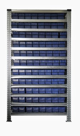 Bezśrubowy metalowy regał półkowy 1972 x 1124 x 330 mm ze skrzynkami 100 x 115 mm - 88 szt. (różne warianty) - 1