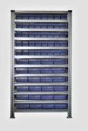 Bezśrubowy regał metalowy półkowy 1972 x 1124 x 330 mm ze skrzynkami 100 x 230 mm - 24 szt., 100 x 115 mm - 40 szt. (różne warianty)