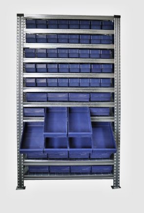 Bezśrubowy regał metalowy półkowy 1972 x 1124 x 330 mm ze skrzynkami 100 x 230 mm - 24 szt., 100 x 115 mm - 40 szt. (różne warianty) - 2