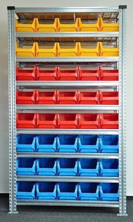 Bezśrubowy regał półkowy 1972 x 1124 x 410 mm z plastikowymi pojemnikami 877851017_VAR_7 - 1