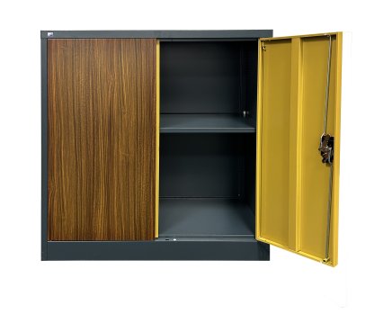 Szafka biurowa metalowa z półkami C01B antracyt / imitacja ciemnego drewna - 2