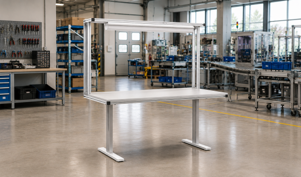 Stół z elektryczną regulacją wysokości wykonany z profili aluminiowych